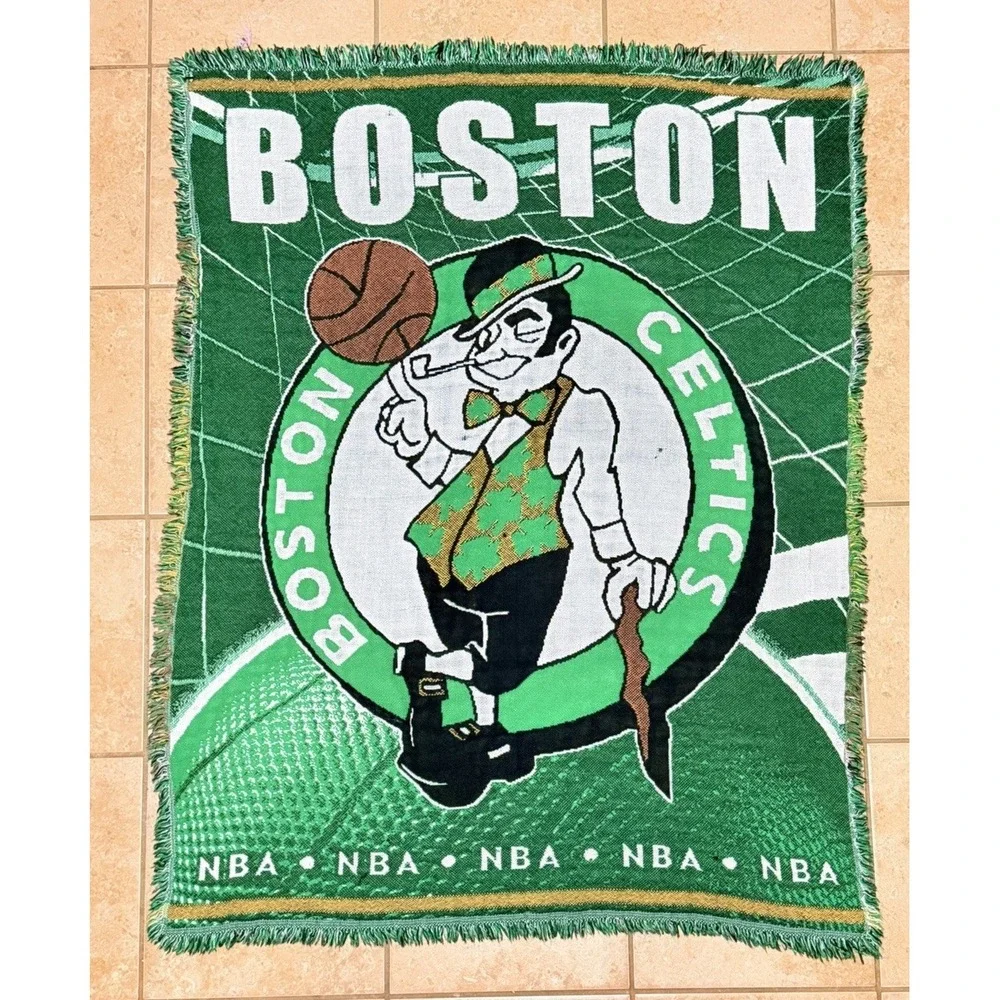 Vintage Boston Celtics NBA Woven Throw Blanket Afghan 50x38 Shamrock Logo